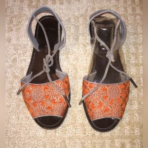 Maiyet Italian Red Orange Ankle Ties Jacquard Print Sandals